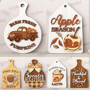 Può includere: Una collezione di 10 design in legno a tema autunnale, tra cui zucche, mele e frasi autunnali. Adatti a vari materiali e disponibili come download digitale. Include un camion con zucche, una mela con caramello e un latte.