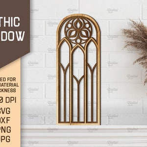 May include: A digital download of a gothic window design. The design is a tall, arched window with intricate details. The window is suitable for any material thickness and is 300 DPI. The design is available in SVG, DXF, PNG, and JPG formats.