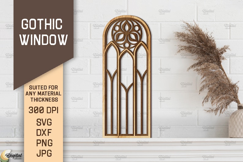 May include: A digital download of a gothic window design. The design is a tall, arched window with intricate details. The window is suitable for any material thickness and is 300 DPI. The design is available in SVG, DXF, PNG, and JPG formats.
