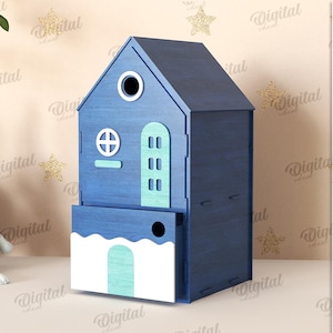 Caja de casa para niños 3D, almacenamiento de juguetes para niños cortado con láser, plantilla de caja de madera para bebé, linda caja con forma de casa con cajón SVG