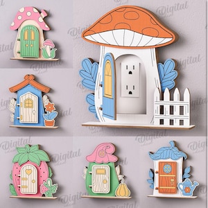 May include: A collection of ten whimsical wooden fairy house designs. Each house features unique details, including mushroom caps, strawberry shapes, and various door styles. The material width is 3 mm.
