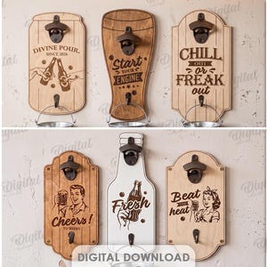 Op de afbeelding: Een collectie van tien houten wandflesopeners met diverse vormen en gegraveerde ontwerpen, inclusief teksten zoals Pop the Top, Divine Pour, Start Your Engine, Chill Out or Freak Out, Ready Steady Pop, 100% Chill, Cheers en Fresh.