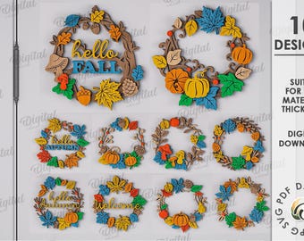 3D Fall wreaths bundle, autumn wreath laser cut, fall quotes svg, autumn leaves, wooden wall art, wooden fall wreath, layered porch decor