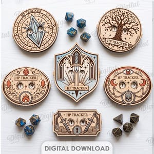 Paquete de contadores de puntos de vida para D&D, archivos de corte láser para rastreador de salud de personajes de juegos de rol, contador de puntos de vida para Dungeons and Dragons, accesorio para juegos de mesa SVG