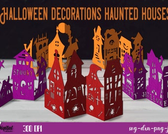 May include: A set of nine papercraft haunted houses for Halloween decorations. The houses are in various colours, including orange, purple, and red, and feature intricate details like windows, doors, and chimneys. The houses are designed to be cut out and assembled.