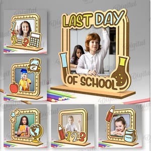 Lot de cadres photo scolaires 3D pour enfants, cadre photo scolaire avec support, présentoir de photos 3D découpées au laser, cadre photo en bois dernier jour de l'école svg