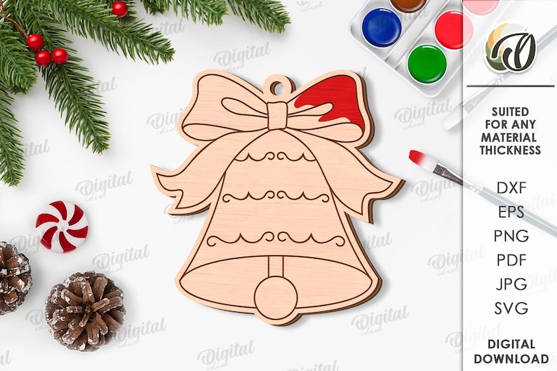 May include: A wooden Christmas bell ornament with a bow, partially painted red. The image includes a paintbrush, watercolor paints, and text that reads "SUITED FOR ANY MATERIAL THICKNESS" and "DIGITAL DOWNLOAD".