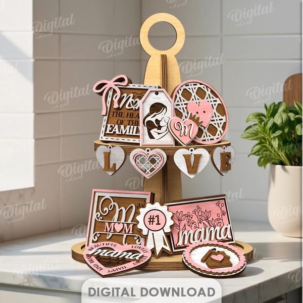 3D Mother's day tier tray decors bundle, wall sign laser cut files, Mothers day quotes svg, wooden home decor, heart, garland, grandma gift