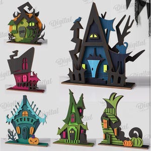 Pacchetto di case di Halloween in 3D, decorazioni per la casa di Halloween tagliate al laser, mensola di legno spettrale in formato SVG, casa stregata, casa spaventosa, strega, pipistrello