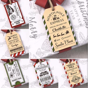 Peut inclure: Dix modèles d'étiquettes cadeaux sur le thème de Noël. Les étiquettes présentent divers motifs, notamment des souches de billets et des thèmes du Pôle Nord Express, avec des couleurs rouge, vert et marron. Téléchargement numérique.