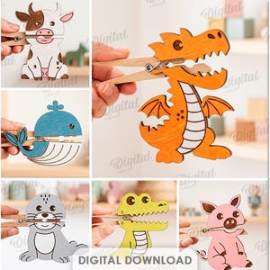 May include: A collection of ten wooden animal designs, including an elephant, cow, giraffe, panda, lion, seal, crocodile, and pig, each attached to a clothespin. The image also includes the text "10 DESIGNS" and "DIGITAL DOWNLOAD".