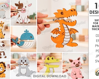 May include: A collection of ten wooden animal designs, including an elephant, cow, giraffe, panda, lion, seal, crocodile, and pig, each attached to a clothespin. The image also includes the text "10 DESIGNS" and "DIGITAL DOWNLOAD".