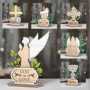 3D Christian standing decor bundle, cross stand laser cut, bible verses, religious quotes svg, Jesus Christ, wooden shelf sitter, home decor