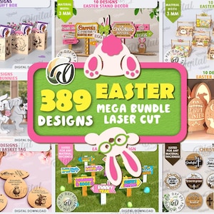 May include: A collection of 389 Easter-themed laser cut designs. The designs include a variety of items such as gift boxes, stand decor, egg baskets, bunnies, basket tags, egg lamps, and Christian round signs. The designs are perfect for crafting and decorating for the Easter holiday.