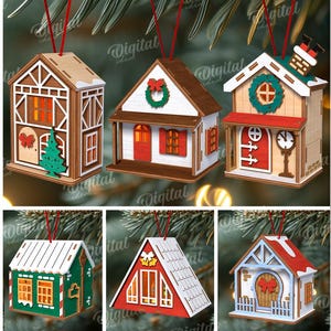 Può includere: Una collezione di dieci modelli di ornamenti natalizi in legno a forma di casa. Ogni ornamento è intagliato e dipinto con colori festosi. Spessore del materiale: 3 mm. Download digitale.