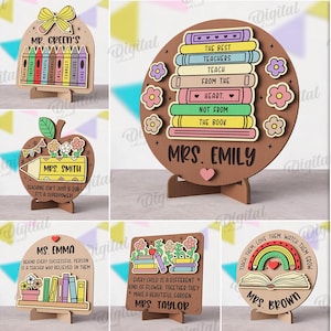 May include: A collection of ten wooden teacher appreciation gifts in various shapes, including apples, books, and rainbows. Each design features colorful accents and personalized text, such as "Mrs. Emily" and "Mr. Green's."