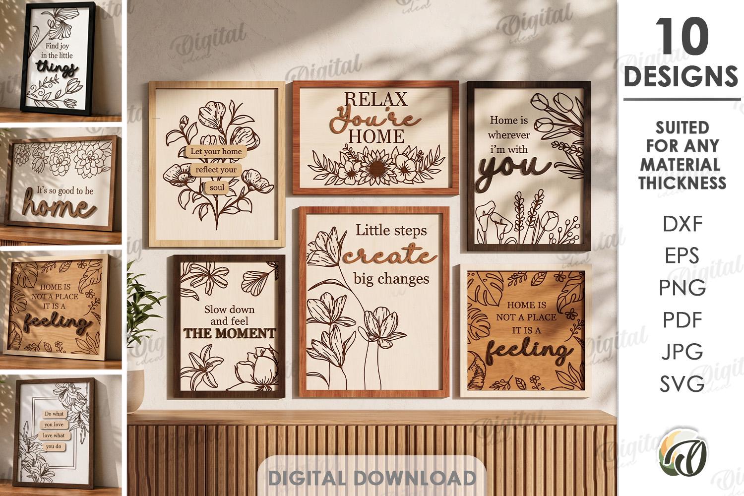 3D Floral Home Signs Bundle, Hanging Wall Sign Laser Cut Files