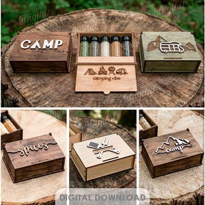 May include: Wooden spice boxes with various camping-themed designs. Some boxes contain spice jars. The image includes text that says "CAMP", "SPICES", "SPICE LAB", and "camping vibe". The image also includes the text "10 DESIGNS" and "3 MM".