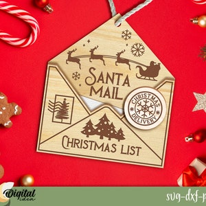 Corte láser de sobre de correo de Santa, carta 3D a sobre de Santa SVG, diseños de forja luminosa de correo de Santa, lista de deseos de Navidad SVG, adorno de árbol de Navidad