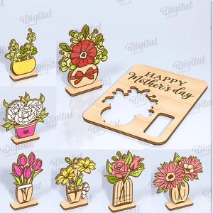 Pacote de cartões pop-up de flores 3D para o dia das mães, cartão de felicitações florais para o dia das mães cortado a laser, cartão de madeira svg, cartão personalizado svg, quebra-cabeça 3D
