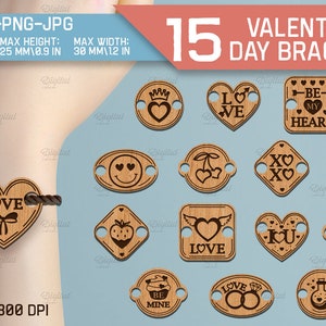 Puede incluir: Una colección de 15 pulseras de San Valentín con varios diseños de abalorios de madera. Los abalorios incluyen corazones, caras sonrientes, cerezas y las palabras "LOVE", "BE MINE" e "I <3 U". El ancho del material es de 3 mm, y la altura máxima es de 25 mm.