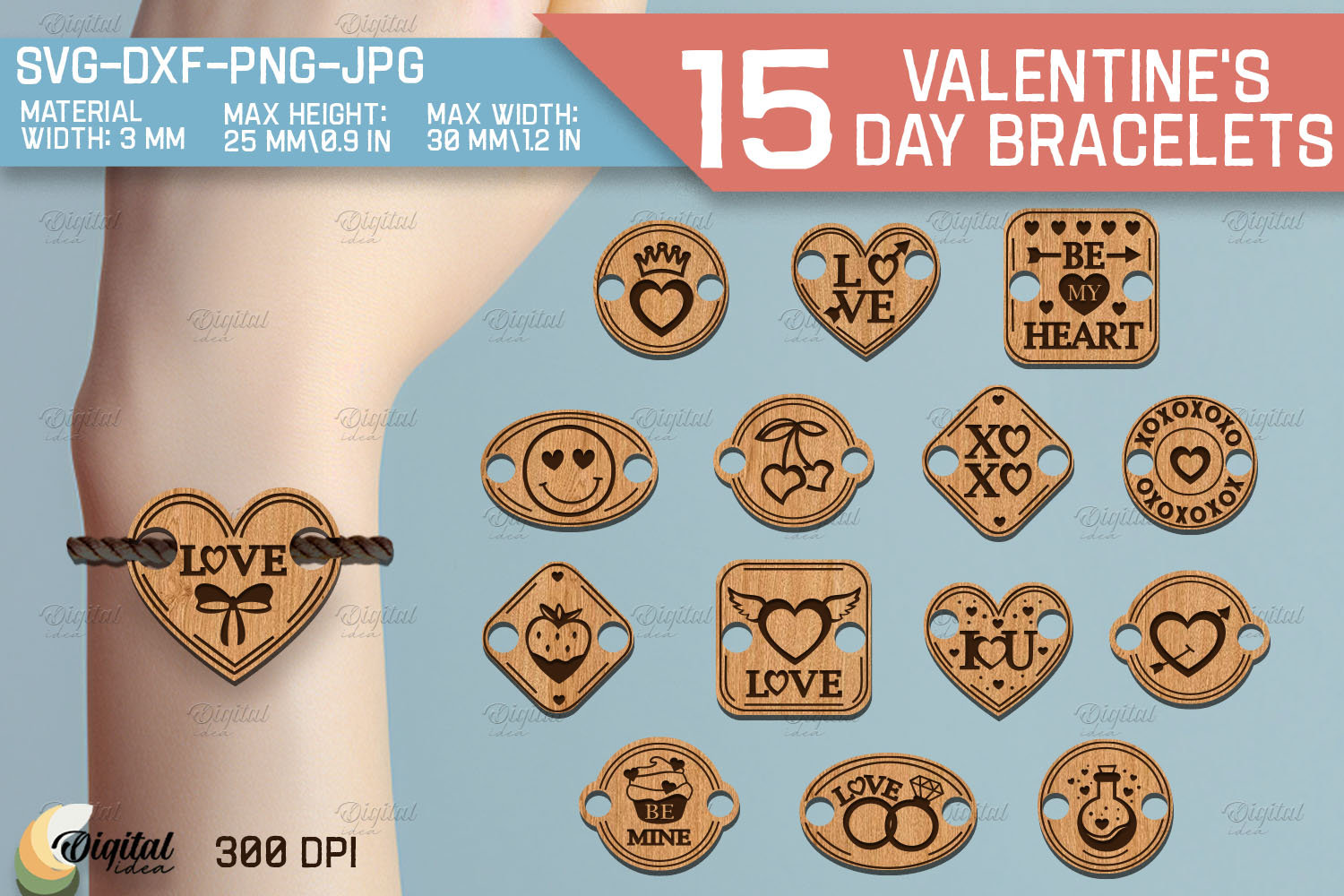 Valentine's Day bracelets lasercut bundle, jewelry laser cut, love svg, valentine bracelet, engraved bracelet, wooden bracelet, heart svg