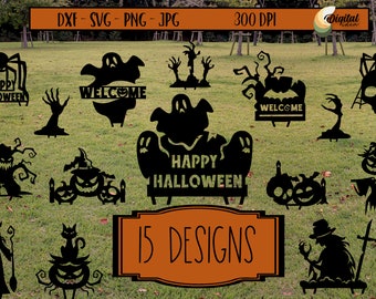Halloween tuin stakes bundl, Lasercut buitendecoratie, Glowforge welkomstbord, Spooky teken voor Halloween, Happy Halloween
