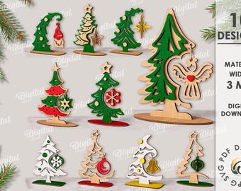 Pacote de cabides para enfeites de árvore de Natal 3D, árvore de Natal em pé cortada a laser, pinheiro com enfeite, suporte para prateleira de árvore de Natal de madeira svg