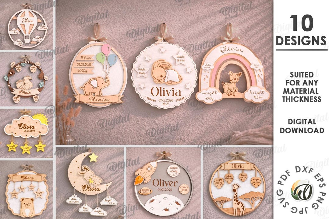 3D Personalized Baby Birth Stats Signs Bundle, Nursery Decor Laser Cut ...