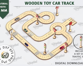 3D houten speelgoedautobaan, puzzel wegbaan lasergesneden, verkeersborden svg, kinder svg, kinderen lasercut, rijbaan svg, racebaan
