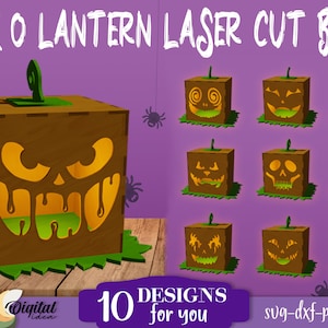 Pode incluir: Dez designs diferentes para caixas de abóbora de Halloween cortadas a laser. As caixas são marrons com uma base verde e apresentam diferentes rostos de abóbora de Halloween com diferentes expressões. O texto "JACK O LANTERN LASER CUT BOXES" está na parte superior da imagem. O texto "10 DESIGNS for you" está na parte inferior da imagem. O texto "svg-dxf-png-jpg" está na parte inferior direita da imagem.