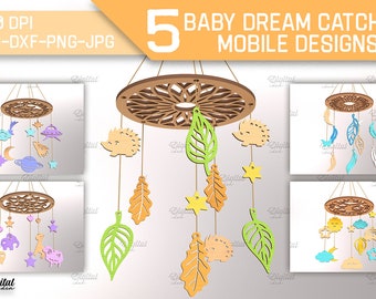 Paquete móvil baby dreamcatcher, corte láser 3D, corte láser móvil para cuna, decoración para bebés de guardería svg, regalo para recién nacidos, decoración de nirsery para bebés, adorno lindo