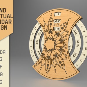 Round perpetual calendar, 3D calendar lasercut, eternal calendar glowforge, wooden calendar, boho engravings, mandala SVG laser cut