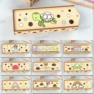 Lot de boîtes à crayons 3D pour enfants, modèle de boîte découpé au laser, svg étui à crayons, boîte de rangement, boîte-cadeau pour enfants, animaux mignons svg, porte-crayons