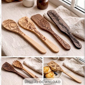 Puede incluir: Una colección de utensilios de cocina de madera con diseños botánicos y florales grabados con láser. El conjunto incluye cucharas y espátulas en varios tonos de madera. El texto a la derecha dice 10 DESIGNS SUITED FOR ANY MATERIAL THICKNESS DXF EPS PNG PDF JPG SVG.