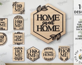 May include: Ten different designs for home decor signs with the words "Home Sweet Home" and "Welcome Home". The signs are in a variety of shapes and sizes, and feature a variety of fonts and styles.