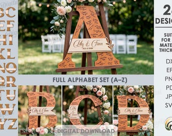 3D Wedding guest book letter signs bundle, guestbook alternative laser cut files, personalized names, custom wedding decor, monogram svg