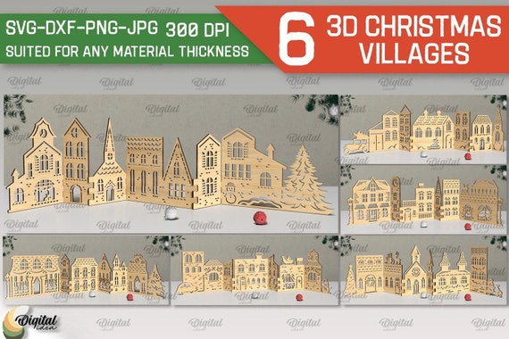 3D Christmas village bundle, Christmas scene stands laser cut, Xmas home decor svg, wooden decorations, Christmas shelf sitter, Xmas house