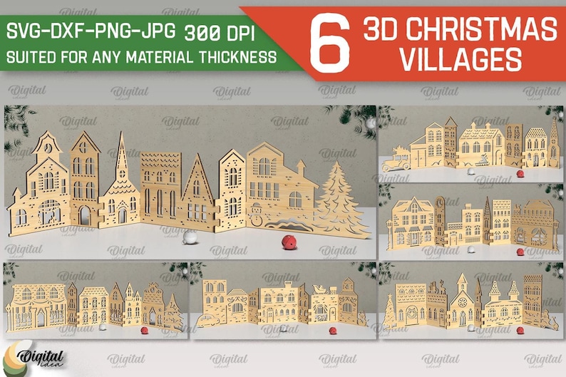 May include: Six 3D Christmas village designs, each featuring a different arrangement of houses, trees, and other festive details. The designs are cut from wood and are suitable for any material thickness.