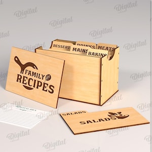 May include: A wooden recipe box with six compartments labeled "DESSERT", "MAINS", "BAKING", "DRINKS", "MEATS", and "SALADS". The box is 3 mm thick and comes in a digital download format.