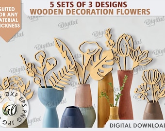5 Wooden flower decor sets bundle, decoration flower lasercut, Mother's day gift, boho svg, wooden decorative flower home decor, wildflowers