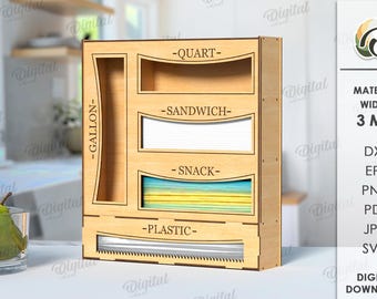 3D Baggie kitchen organizer, plastic bags and foil dispenser laser cut, wooden bag storage box, kitchen decor svg, gallon, quart