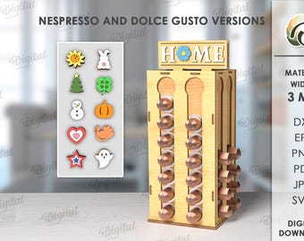 Soporte para cápsulas de café intercambiables 3D, soporte para cápsulas Dolce Gusto y Nespresso cortado con láser, letrero de inicio SVG, almacenamiento de cápsulas de café de madera