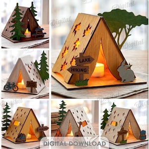 May include: A collection of ten laser-cut wooden tent-shaped tea light holders featuring various cut-out designs like stars, leaves, and trees. Each piece is 3 mm thick and includes accessories like signs, animals, and bikes. Digital files include DXF, EPS, PNG, PDF, JPG, and SVG formats.