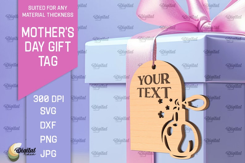 May include: A wooden gift tag with a perfume bottle design and the text "YOUR TEXT". The tag is light brown and has a white background. The tag is tied with a pink ribbon and is sitting on top of a light blue gift box.