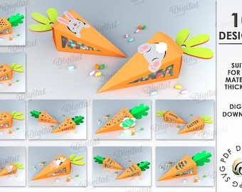 Bundle découpé en papier de boîtes de carottes de Pâques, modèle de boîte de lapin, papier découpé 3D SVG, boîte de bonbons, svg de boîte de faveur, svg de lapin de Pâques, svg de boîte de carottes