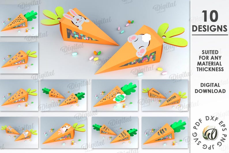 Pode incluir: Dez designs imprim&iacute;veis para uma caixa de guloseimas de P&aacute;scoa em forma de cenoura. As caixas s&atilde;o laranja com topos verdes e apresentam v&aacute;rios designs com tema de P&aacute;scoa, incluindo coelhos, ovos e a palavra "P&aacute;scoa".