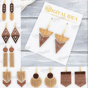 Peut inclure: Une collection de dix modèles de boucles d'oreilles en bois de différentes formes, y compris des motifs géométriques et floraux. Les boucles d'oreilles sont dans des tons de marron et de beige, avec des crochets dorés. Le texte "DIGITAL IDEA WOODEN EARRINGS" et "10 DESIGNS" est également présent.