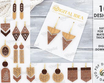 Dangle earrings bundle, boho jewelry laser cut, minimalist drop earrings, wooden earrings template, modern geometrical earrings