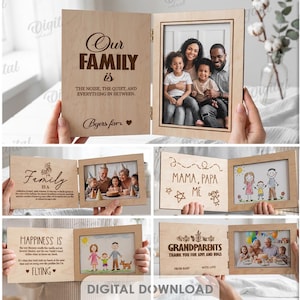 Peut inclure: Plusieurs cadres photo en bois avec des motifs sur le thème de la famille. Certains cadres présentent des photos de famille, tandis que d'autres ont des textes gravés comme "Our Family" et "Happy Moments". Les cadres conviennent à différentes épaisseurs de matériaux.